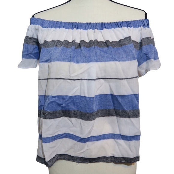 Max‎ Studio Blue Striped Crop Top Chambray Gray Short Sleeve Off Shoulder Lg - Picture 1 of 7